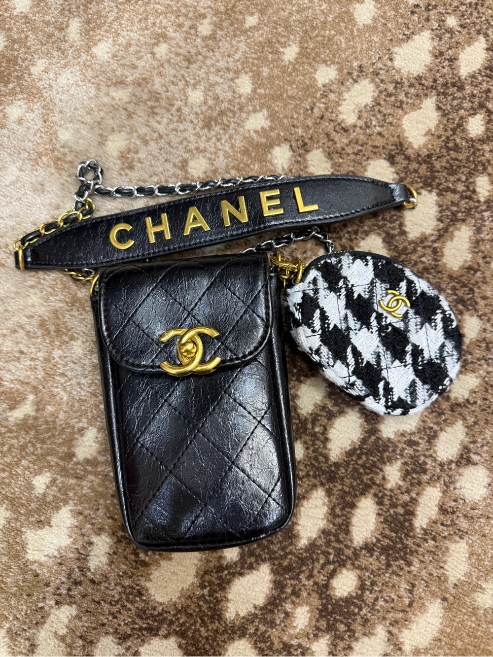 Chanel Black Quilted Leather Crossbody Pouch with Houndstooth Coin Charm
